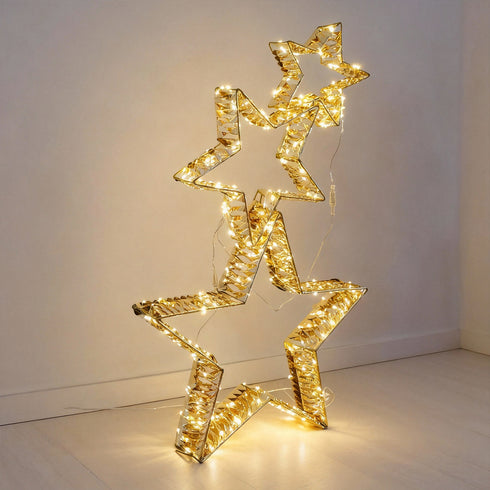 80cm / 140cm Light Up Gold 3pcs Stacked Stars Christmas Indoor/Outdoor Lights with Auto Timer