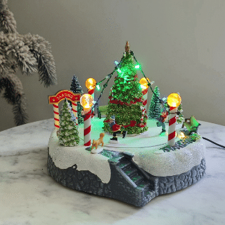 Animated Christmas Village Snowy Skating Rink Rotating Skaters Colorful LED Music