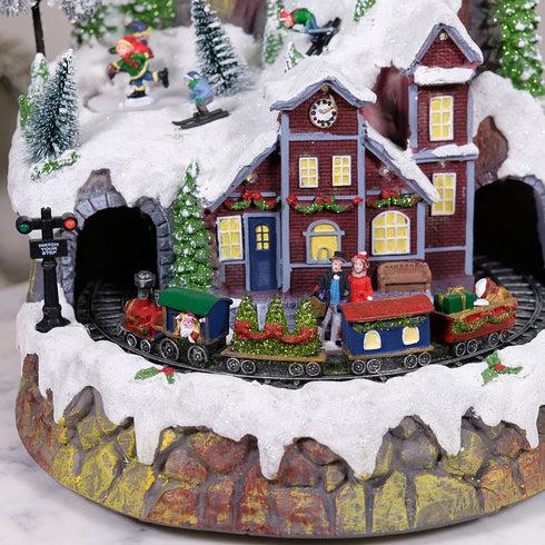 Large Animated Snowy Mountain Christmas Village Train Ski Slope Skater