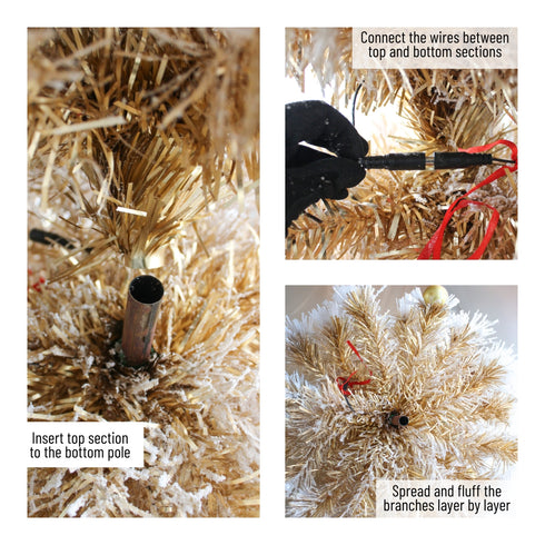 Gold Snow Flocked Fibre Optic Christmas Tree Pre Lit 8 Lighting Modes