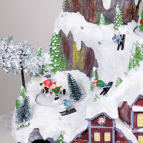 Large Animated Snowy Mountain Christmas Village Train Ski Slope Skater
