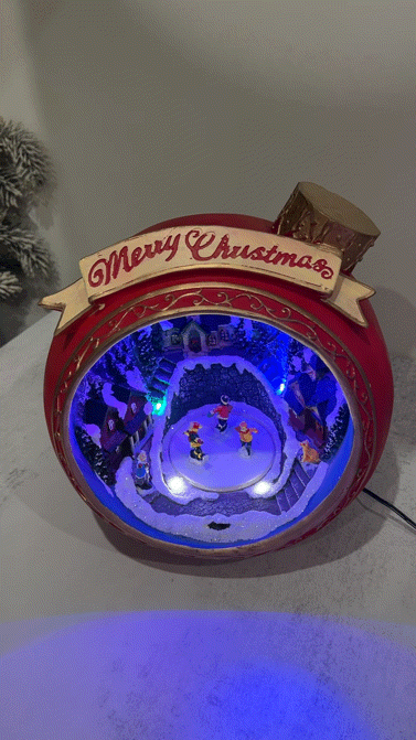 Animated Christmas Bauble with Turning Skaters, LED Lights & Music