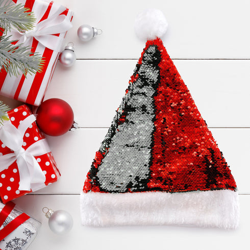 Christmas Hat Flip Sequins Red Silver Santa Hat