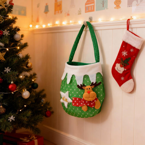 Reindeer Christmas Gift Bag – Fabric Hanging Treat Bag & Tree Decor