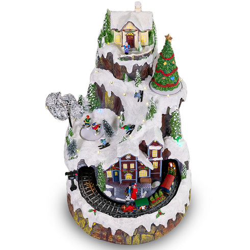 Large Animated Snowy Mountain Christmas Village Train Ski Slope Skater