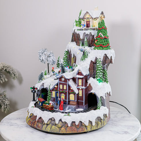 Large Animated Snowy Mountain Christmas Village Train Ski Slope Skater