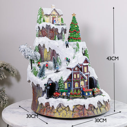 Large Animated Snowy Mountain Christmas Village Train Ski Slope Skater