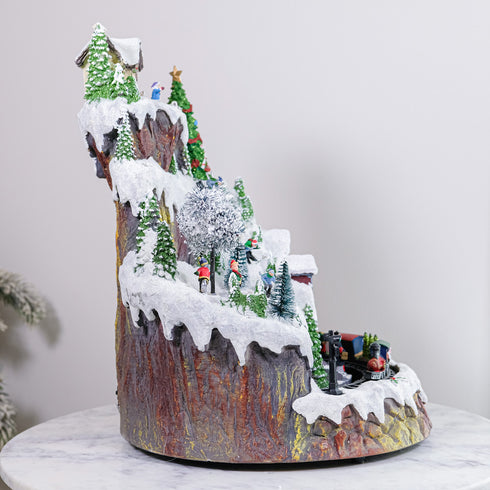 Large Animated Snowy Mountain Christmas Village Train Ski Slope Skater