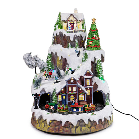 Large Animated Snowy Mountain Christmas Village Train Ski Slope Skater