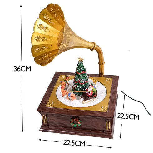 Gramophone Music Box Animated Christmas Village with LED Lights Rotating Santa’s Sleigh