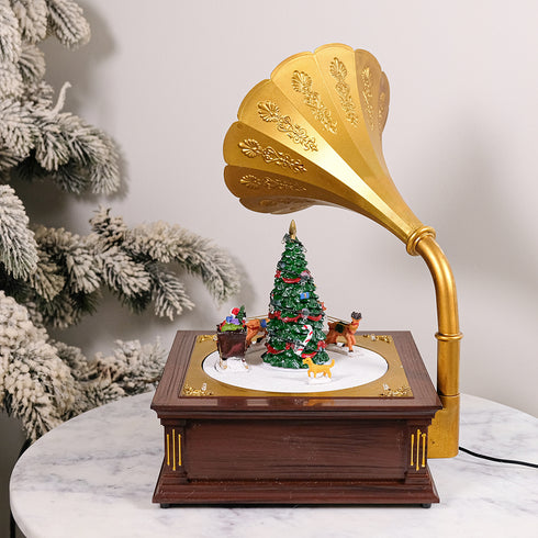 Gramophone Music Box Animated Christmas Village with LED Lights Rotating Santa’s Sleigh