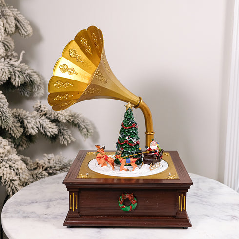 Gramophone Music Box Animated Christmas Village with LED Lights Rotating Santa’s Sleigh