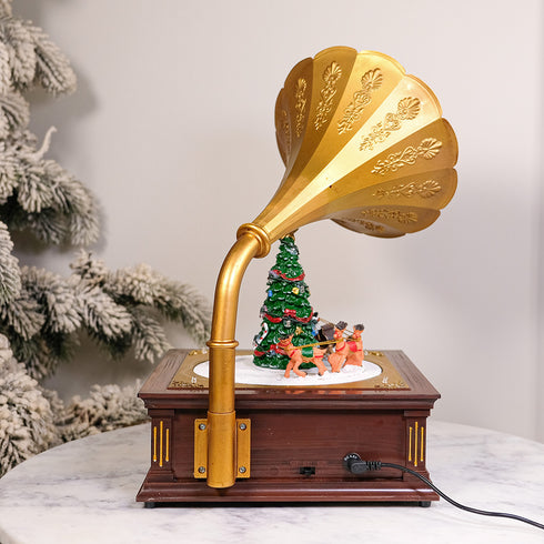 Gramophone Music Box Animated Christmas Village with LED Lights Rotating Santa’s Sleigh