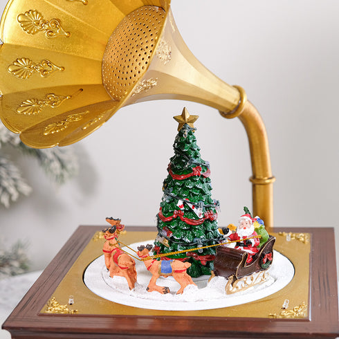 Gramophone Music Box Animated Christmas Village with LED Lights Rotating Santa’s Sleigh