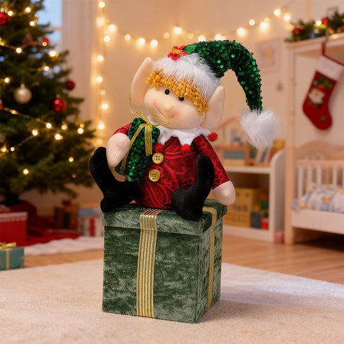 Green Elf Plush on Gift Box – Christmas Ornament & Storage