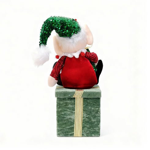 Green Elf Plush on Gift Box – Christmas Ornament & Storage