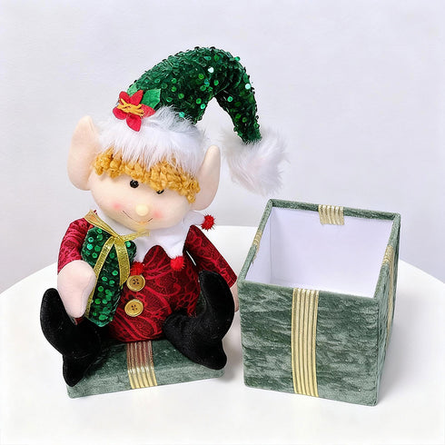 Green Elf Plush on Gift Box – Christmas Ornament & Storage