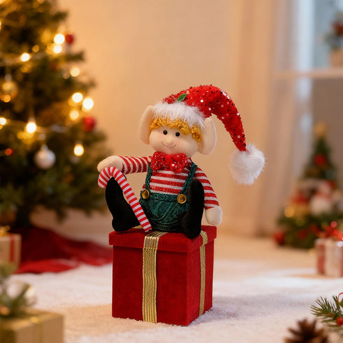 Red Elf Plush on Gift Box – Christmas Ornament & Storage