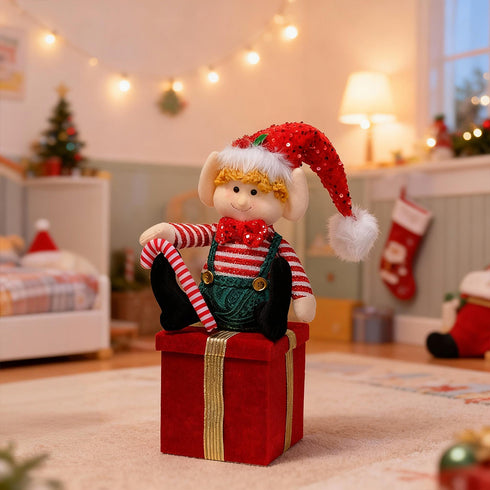 Red Elf Plush on Gift Box – Christmas Ornament & Storage