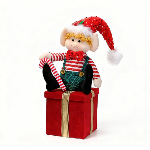 Red Elf Plush on Gift Box – Christmas Ornament & Storage
