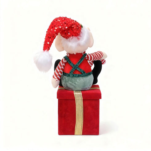 Red Elf Plush on Gift Box – Christmas Ornament & Storage