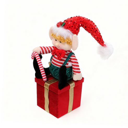 Red Elf Plush on Gift Box – Christmas Ornament & Storage