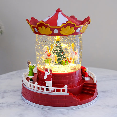 Christmas Light-up Carousel Snow Globe with Confetti, Rotating Carousel & Music