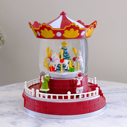 Christmas Light-up Carousel Snow Globe with Confetti, Rotating Carousel & Music