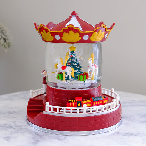 Christmas Light-up Carousel Snow Globe with Confetti, Rotating Carousel & Music