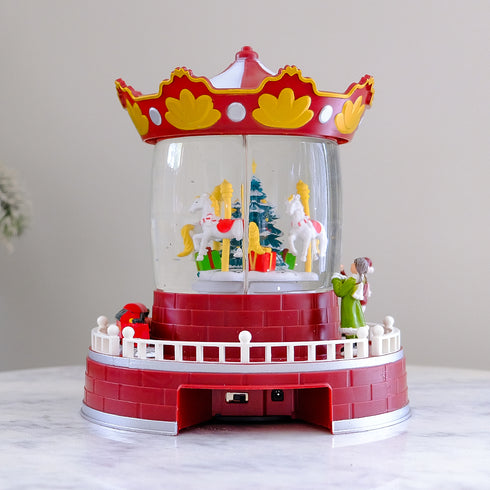 Christmas Light-up Carousel Snow Globe with Confetti, Rotating Carousel & Music