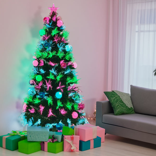 Pre-Lit Fibre Optic Christmas Tree with Baubles – 8 Light Modes Colour-Changing LED Lights