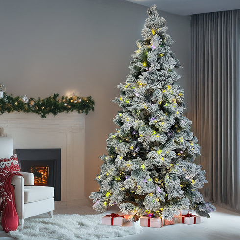 7.2ft 220CM Pre-Lit Adjustable LED Lights Snow Flocked Pine Christmas Tree with 8 Lighting Modes