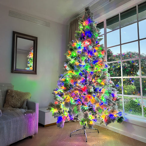 7.2ft 220CM Pre-Lit Adjustable LED Lights Snow Flocked Pine Christmas Tree with 8 Lighting Modes