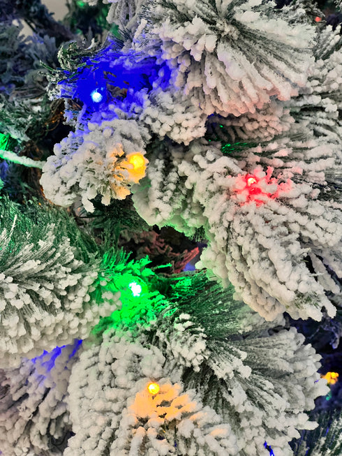 7.2ft 220CM Pre-Lit Adjustable LED Lights Snow Flocked Pine Christmas Tree with 8 Lighting Modes