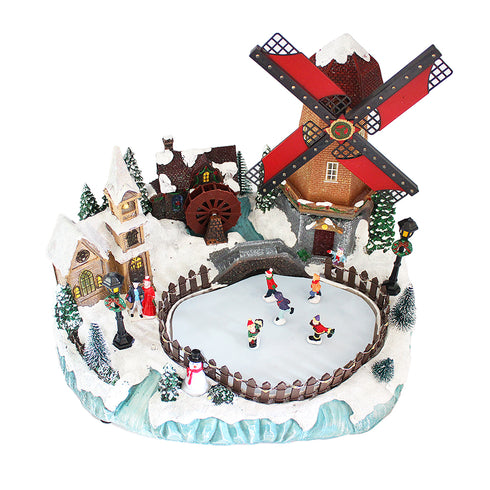 Animated Christmas Village Moving Windmill Skaters Waterwheel LED Lights Music