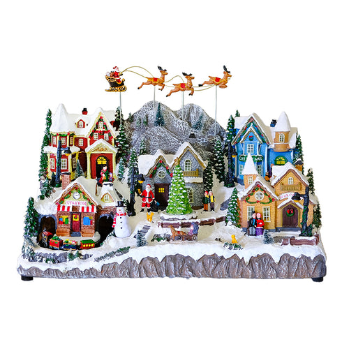 Large Animated Christmas Village Snowy Mountain Flying Santa & Reindeer Train Warm LED