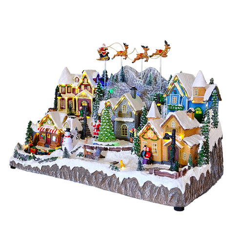 Large Animated Christmas Village Snowy Mountain Flying Santa & Reindeer Train Warm LED