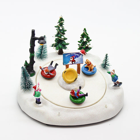Animated Christmas Village Snow Tubing Hill Rotating with Lights Music