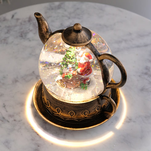 Christmas Musical Water Lantern Vintage Teapot Snowglobe with Swirling Confetti