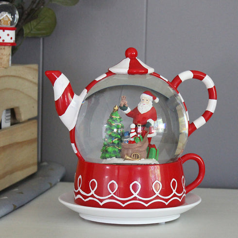 Christmas Musical Water Lantern Teapot Snowglobe with Swirling Confetti