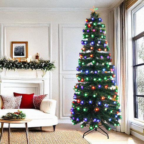 Pre-lit Fibre Optic Green Christmas Tree with Frosted Bulbs & 5-Mode Multicolour LED Lights