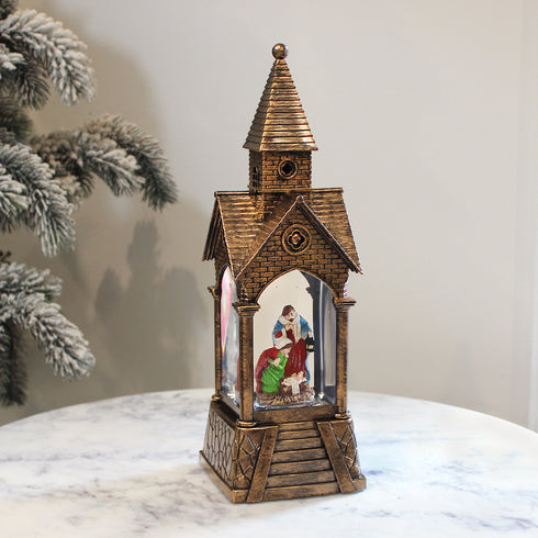 Christmas Musical Water Lantern Church w/ Nativity Scene Swirling Confetti LED Light