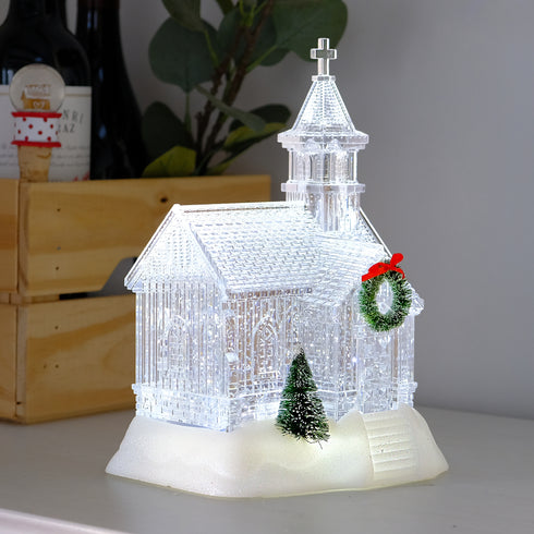 Acrylic Christmas Church Water Lantern with White LED Lights and Music