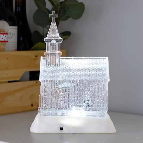Acrylic Christmas Church Water Lantern with White LED Lights and Music