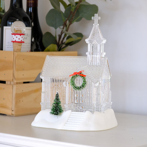 Acrylic Christmas Church Water Lantern with White LED Lights and Music