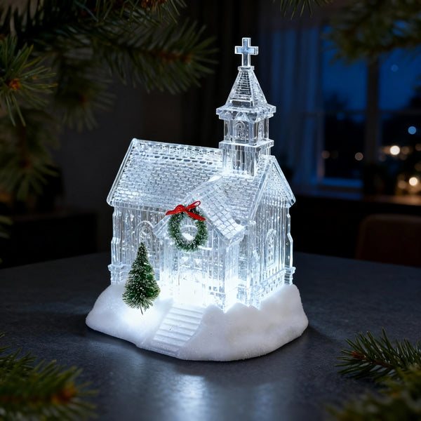 Acrylic Christmas Church Water Lantern with White LED Lights and Music