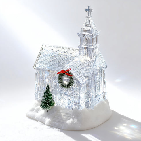 Acrylic Christmas Church Water Lantern with White LED Lights and Music
