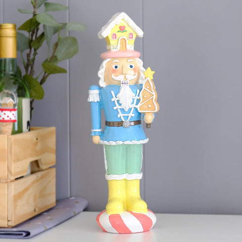 Christmas Blue Nutcracker Resin Figurine –Festival Candy Design WithGingerbread House