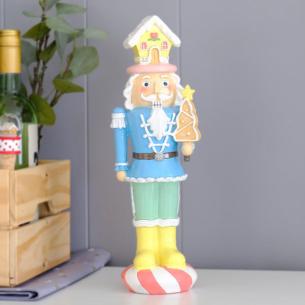Christmas Blue Nutcracker Resin Figurine –Festival Candy Design WithGingerbread House