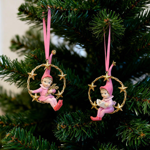 Set of 2 Pink Elf Christmas Ornaments – Star Wreath Tree Hanging Decorations